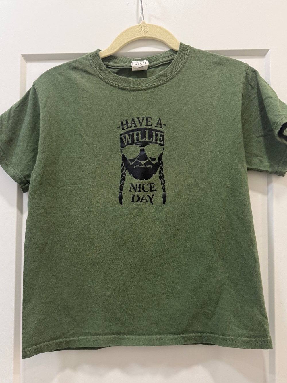 Hand Crafted Olive Green Graphic Tee with 'Have A Willie Nice Day'